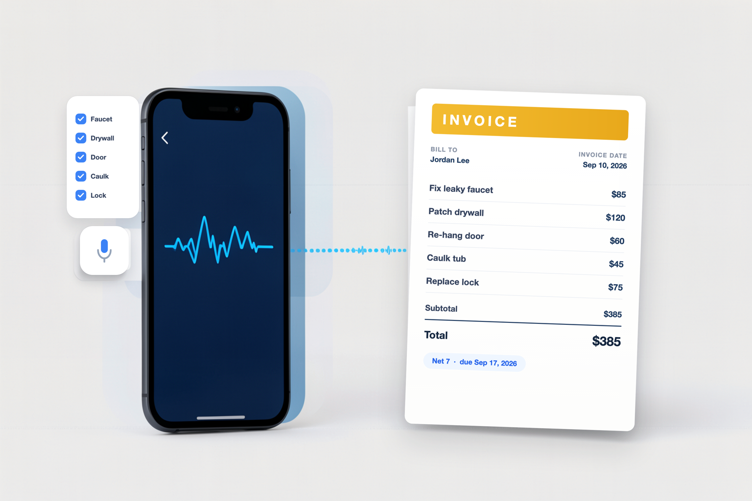 Example handyman invoice listing five small repair jobs as separate line items, captured by voice