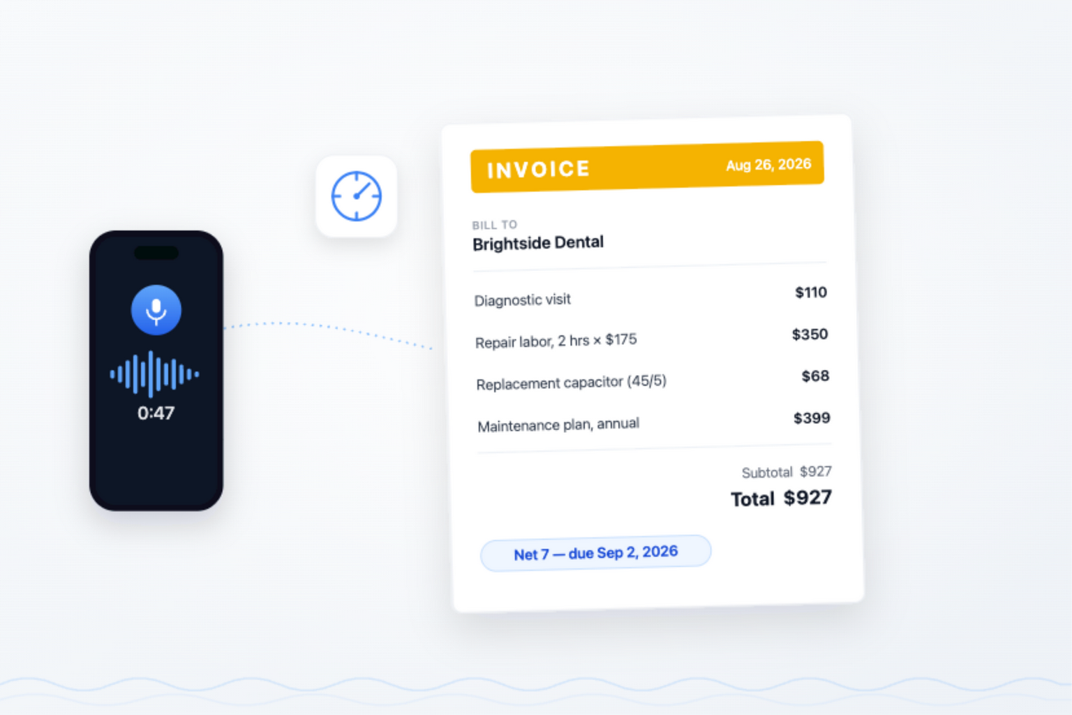 Example HVAC invoice separating the diagnostic fee, repair, and annual maintenance plan