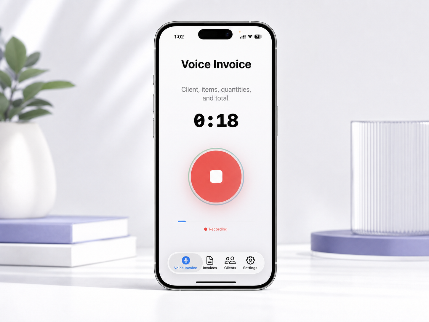 Voice Invoice Maker recording screen in a polished iPhone product mockup